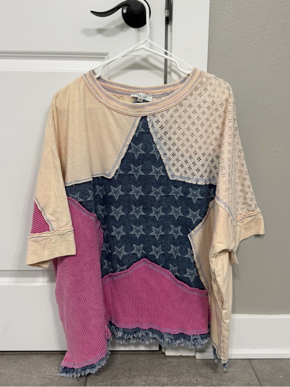 Oli & Hali Patchwork Star Tee - Navy, Pink & Cream